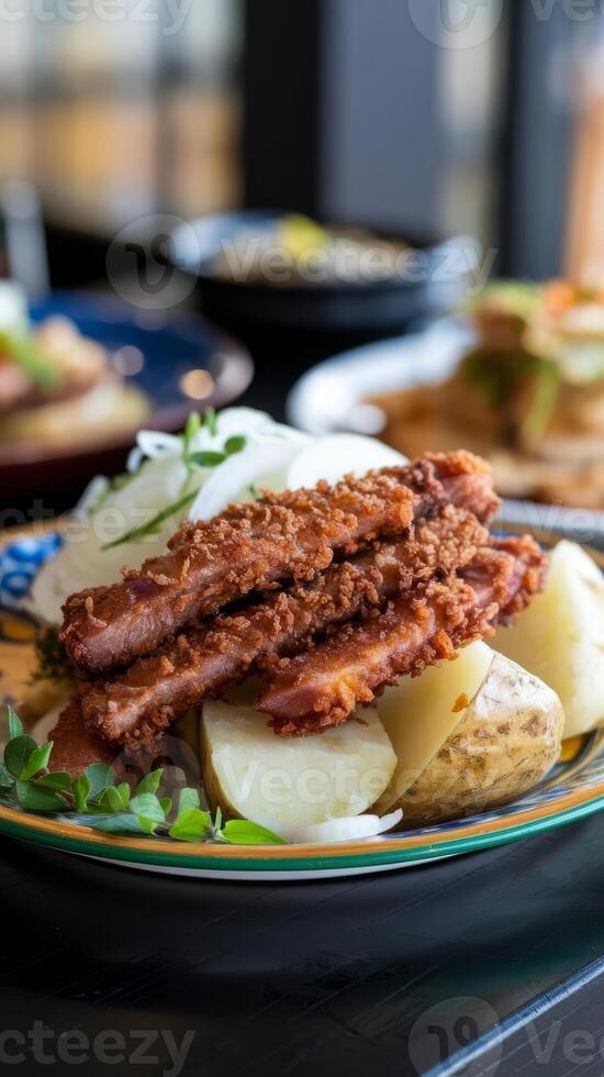A plate of food with potatoes and meat on it photo