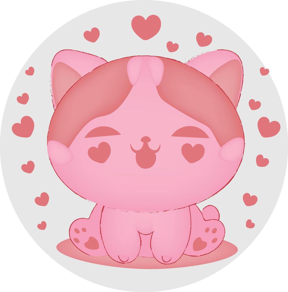 An illustration of an adorable pink cat with heart shaped eyes, radiating joy and affection. vector