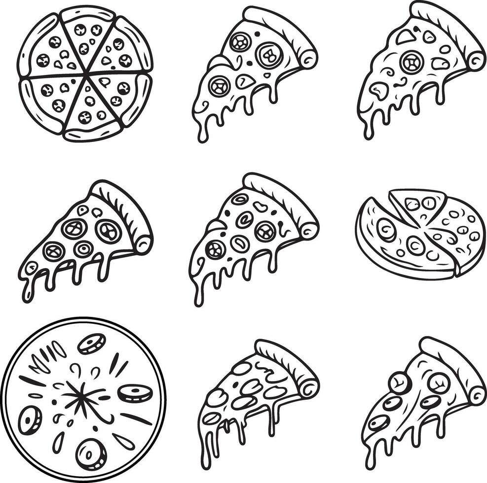 Black and white illustration of a doddle style pizza image set vector