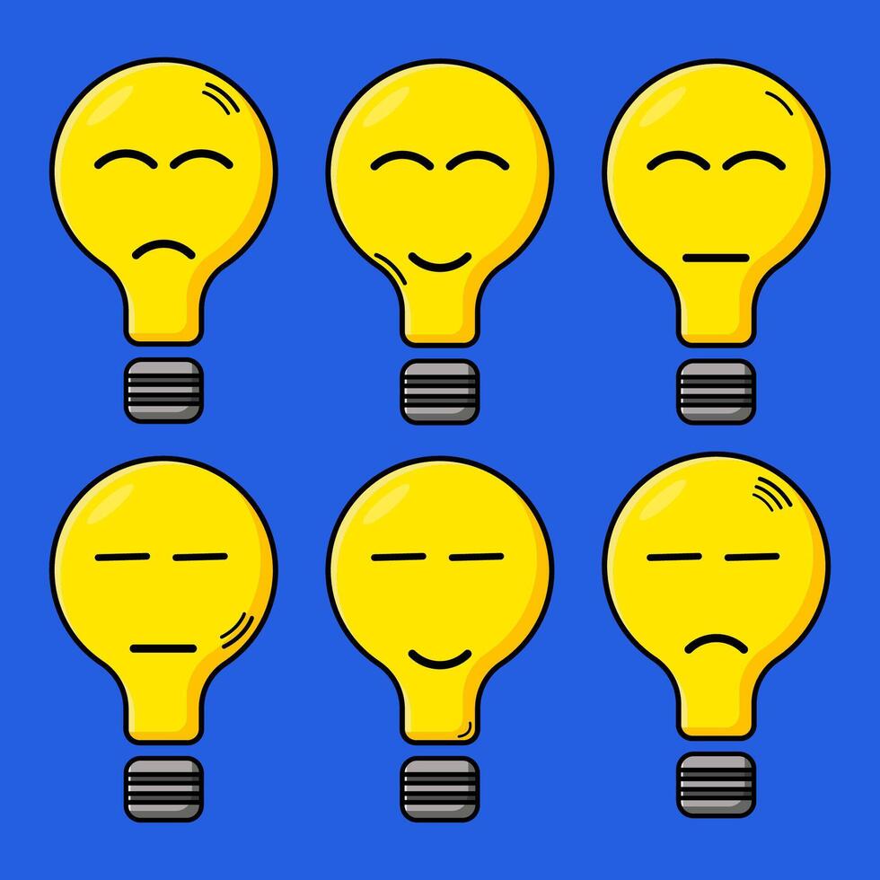 six light bulbs with different emotions on a blue background vector