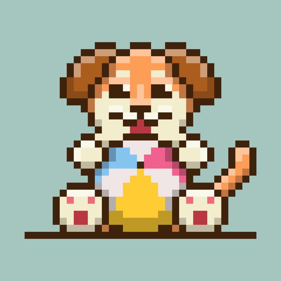 A pixel art illustration of a adorable dog or puppy sitting upright, holding a multicolored beach ball. The colorful beach ball, making the image fun and playful. vector