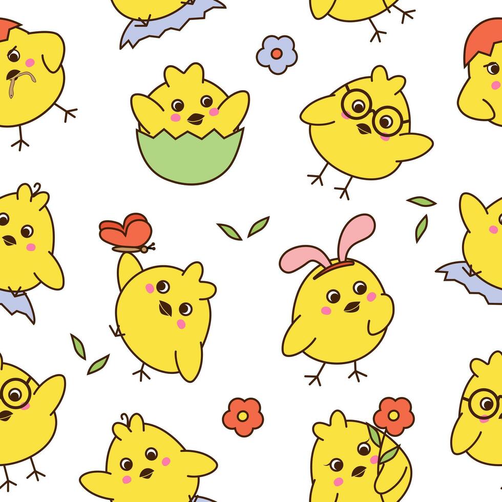 Seamless pattern with cute little chickens on white background. vector