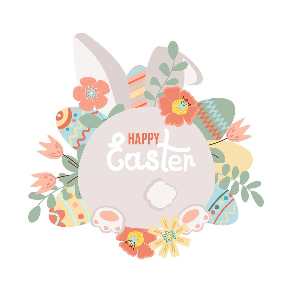 Happy easter. Spring flowers with the easter eggs and rabbit rear view on white background. Can be add text. Design for banner, poster, postcard. EPS10. vector