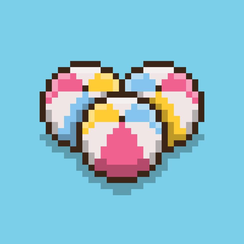 A playful pixel art illustration of three beach balls arranged in a heart shape against a solid light blue background, giving a cheerful and nostalgic summer vibe. vector