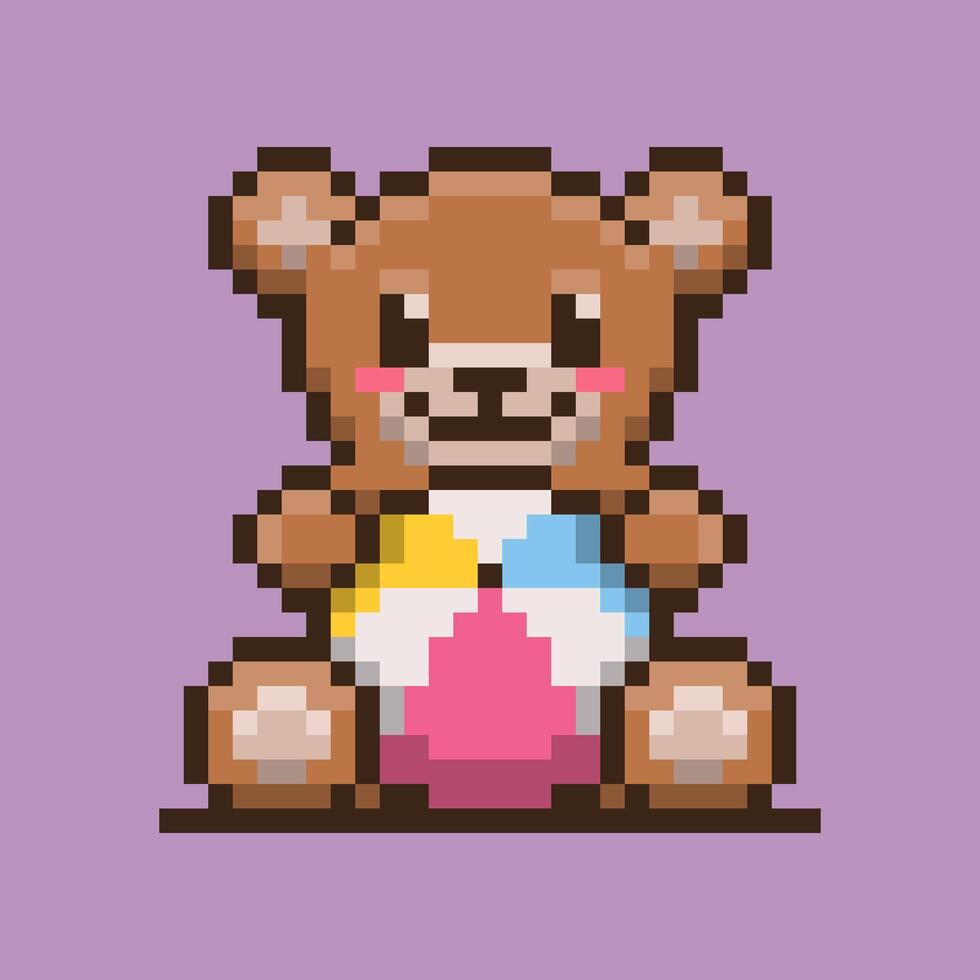 A pixel art illustration of a cute teddy bear sitting upright, holding a multicolored beach ball. The colorful beach ball, making the image fun and playful. vector
