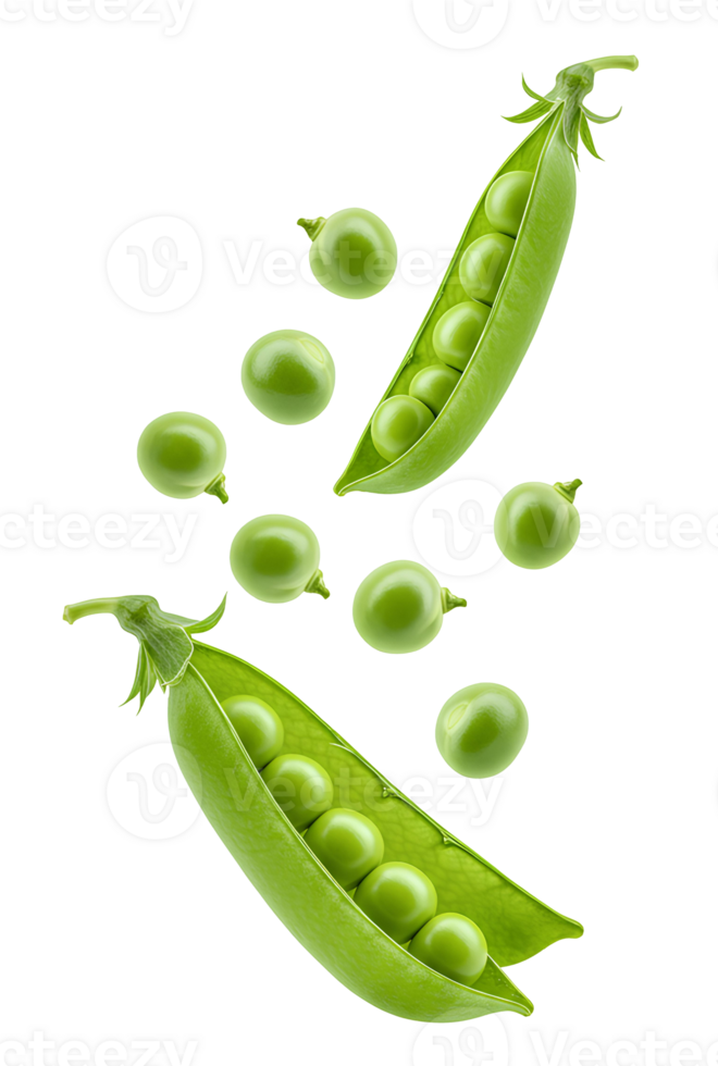 Pea Pods and Peas Falling Down . Fresh Green Peas Floating Isolated. Whole pea pods and shelled peas in mid-air, ideal for healthy eating, plant-based diets, and vegan food campaigns png