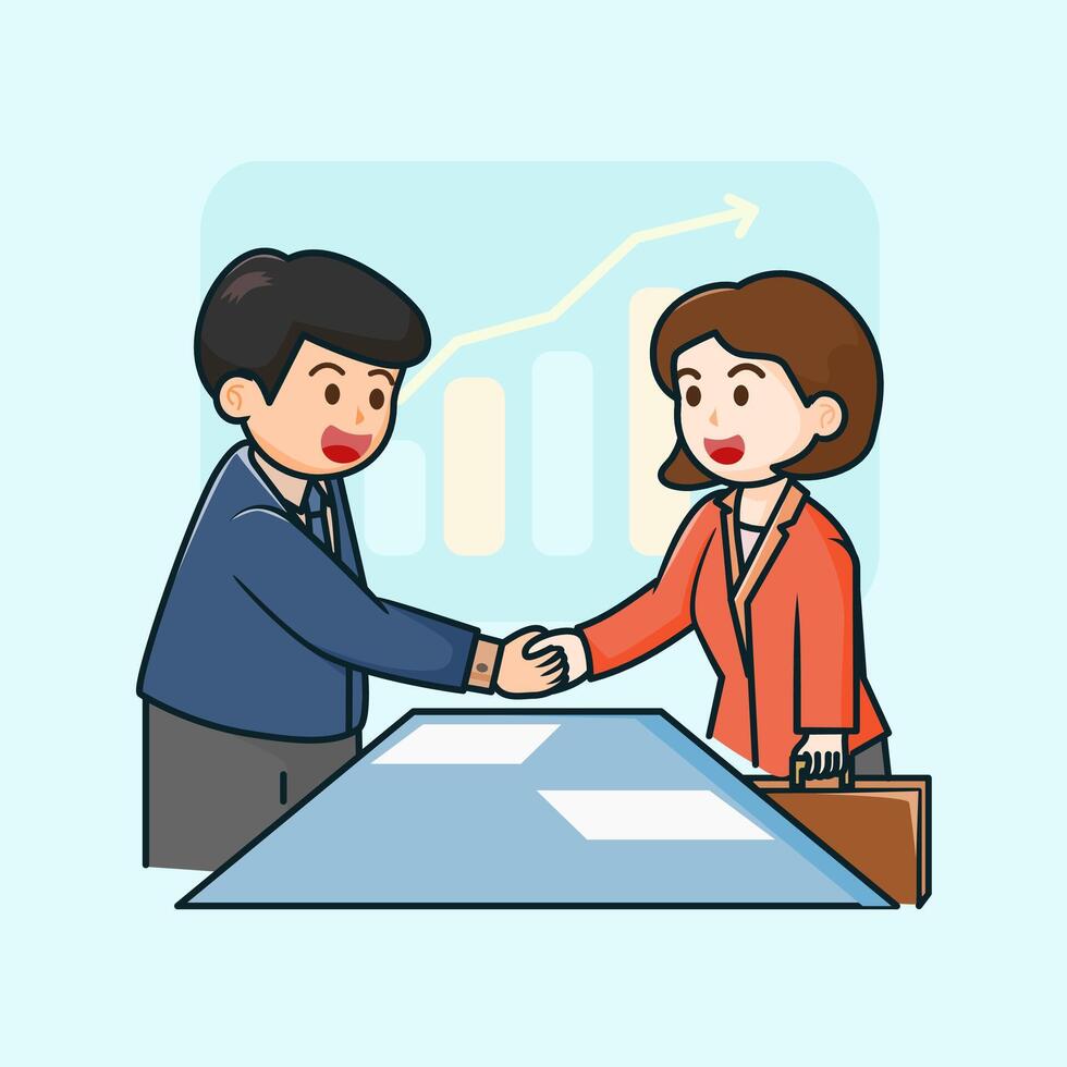 Flat business handshake illustration, pastel blue background vector