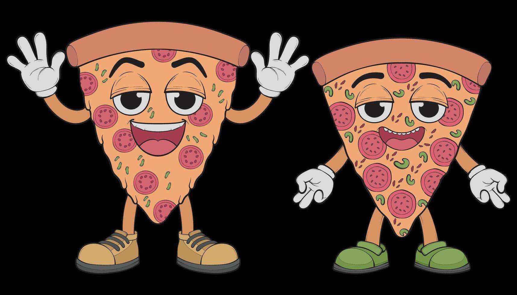 two cartoon pizza characters waving and smiling. vector