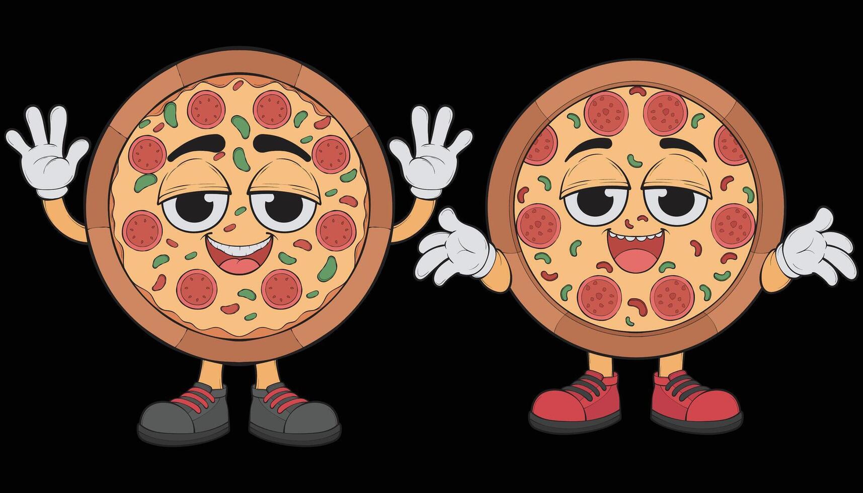 two cartoon pizza characters waving and smiling vector
