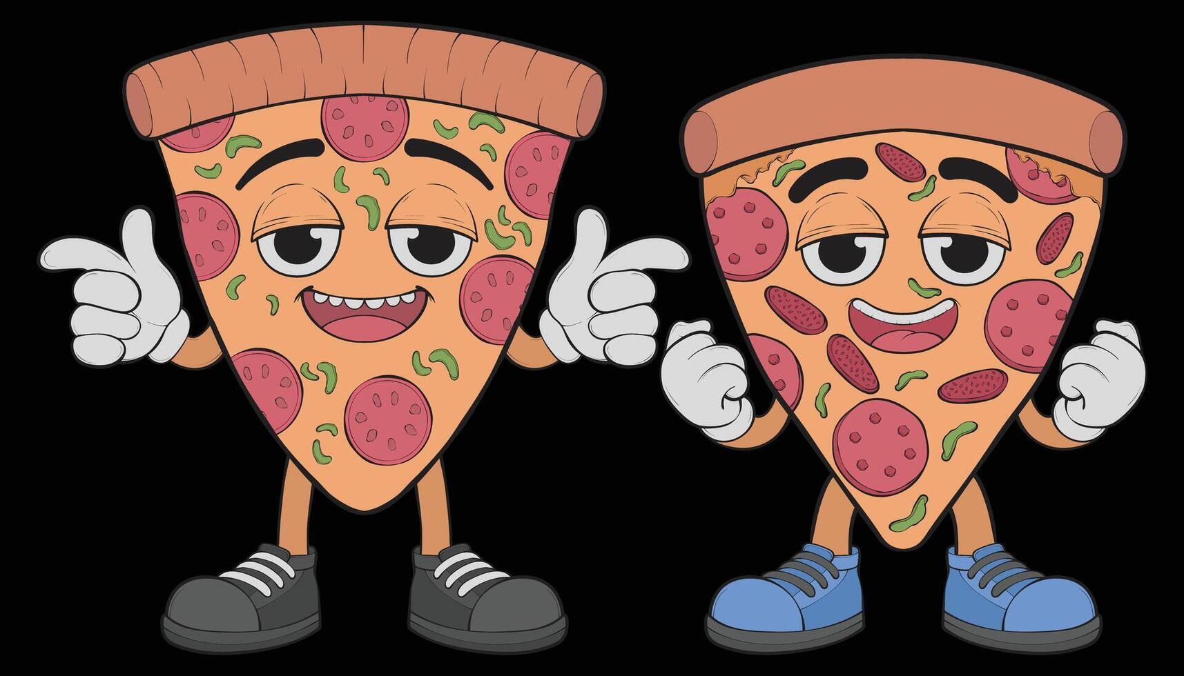 two cartoon pizza characters with thumbs up vector