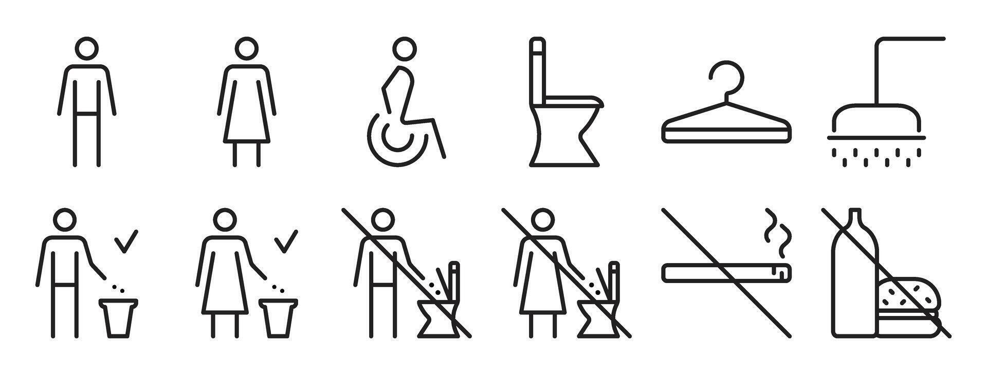 Toilet black line icon set, WC outline sign collection. Restrooms for men and women, editable stroke pictograms, do not throw trash in toilet bowl and other prohibitory signs vector