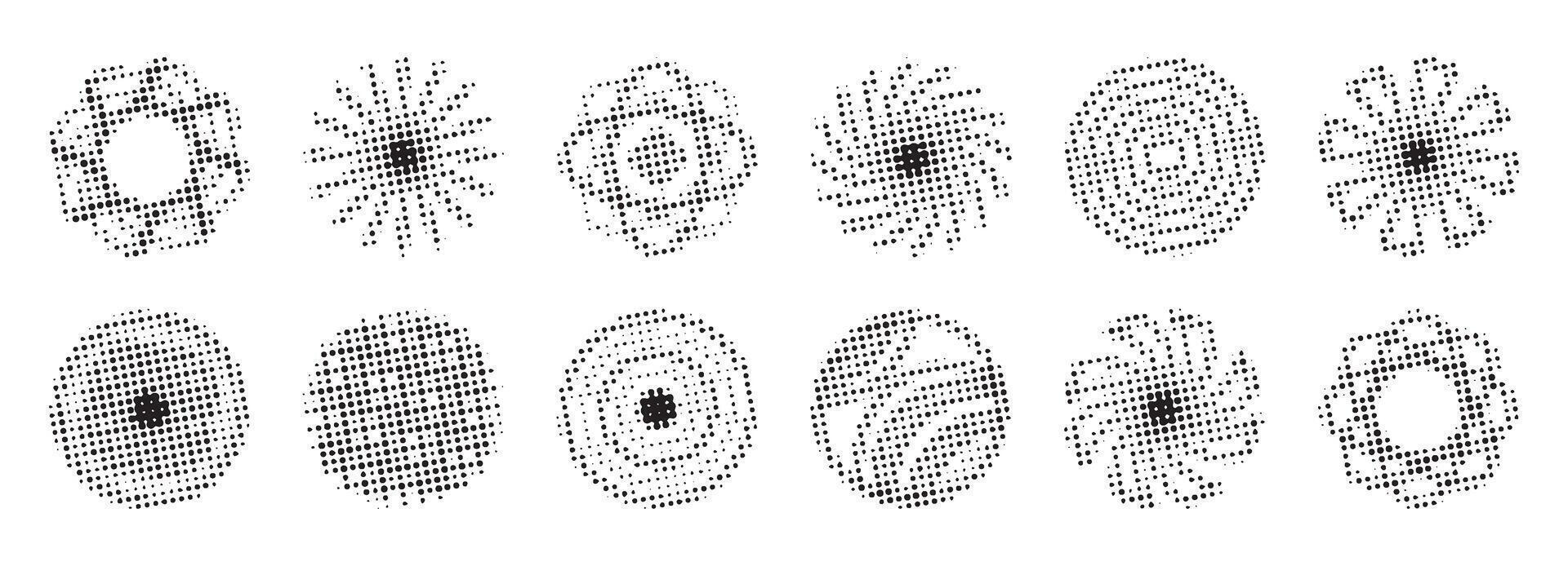 Black dotted halftone circle set, trendy vintage round shapes, retro radial forms, grunge effect monochrome gradients, modern abstract backgrounds vector