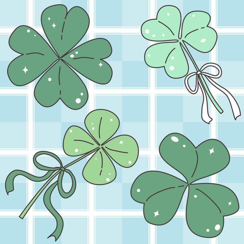 Stylish shamrock leaves Four leaves against a light blue checkered background. Two shamrock leaves have delicate bows tied to the stem. Shamrock leaves are rendered in shades of green. vector