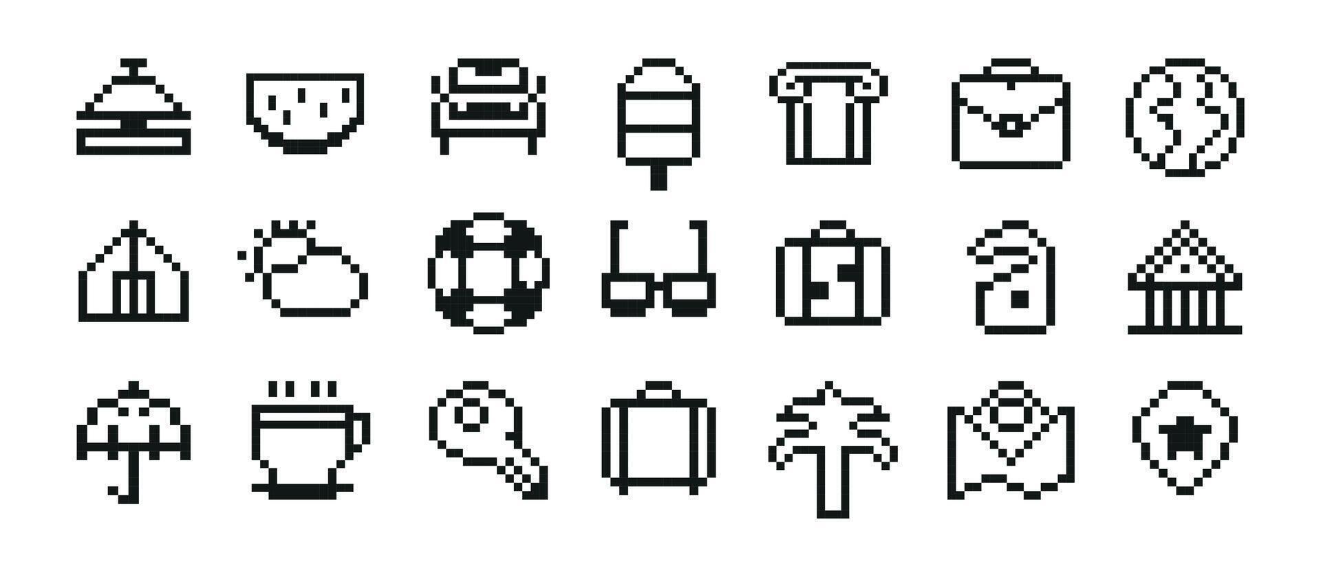 Pixel travel icons set featuring black and white symbols of tourism and vacation destinations in a minimalistic style, isolated on a white background. vector