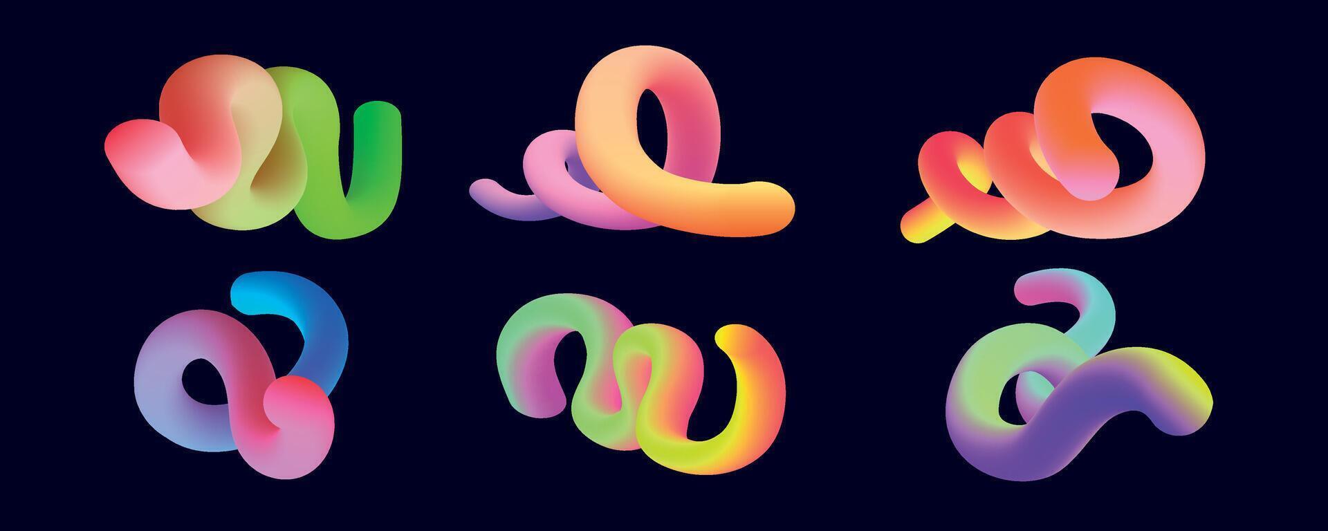 Set of abstract curves in various shapes. Gradient 3D shapes with bright waves. Trendy design elements for banners, mockups, posters, and backgrounds. vector