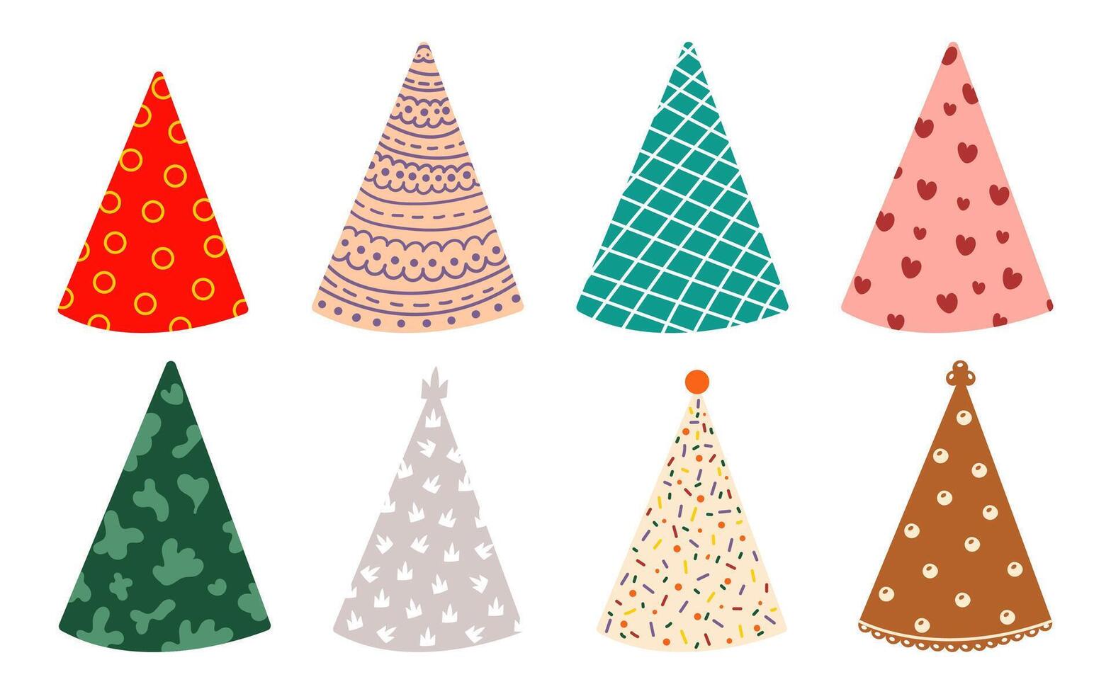 Set of birthday caps with different patterns. Cute colorful hats for greeting cards, stickers, designs. Carnival paper hat. Party cone. vector