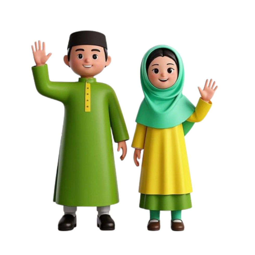 Two cartoon characters in green and yellow clothing waving png