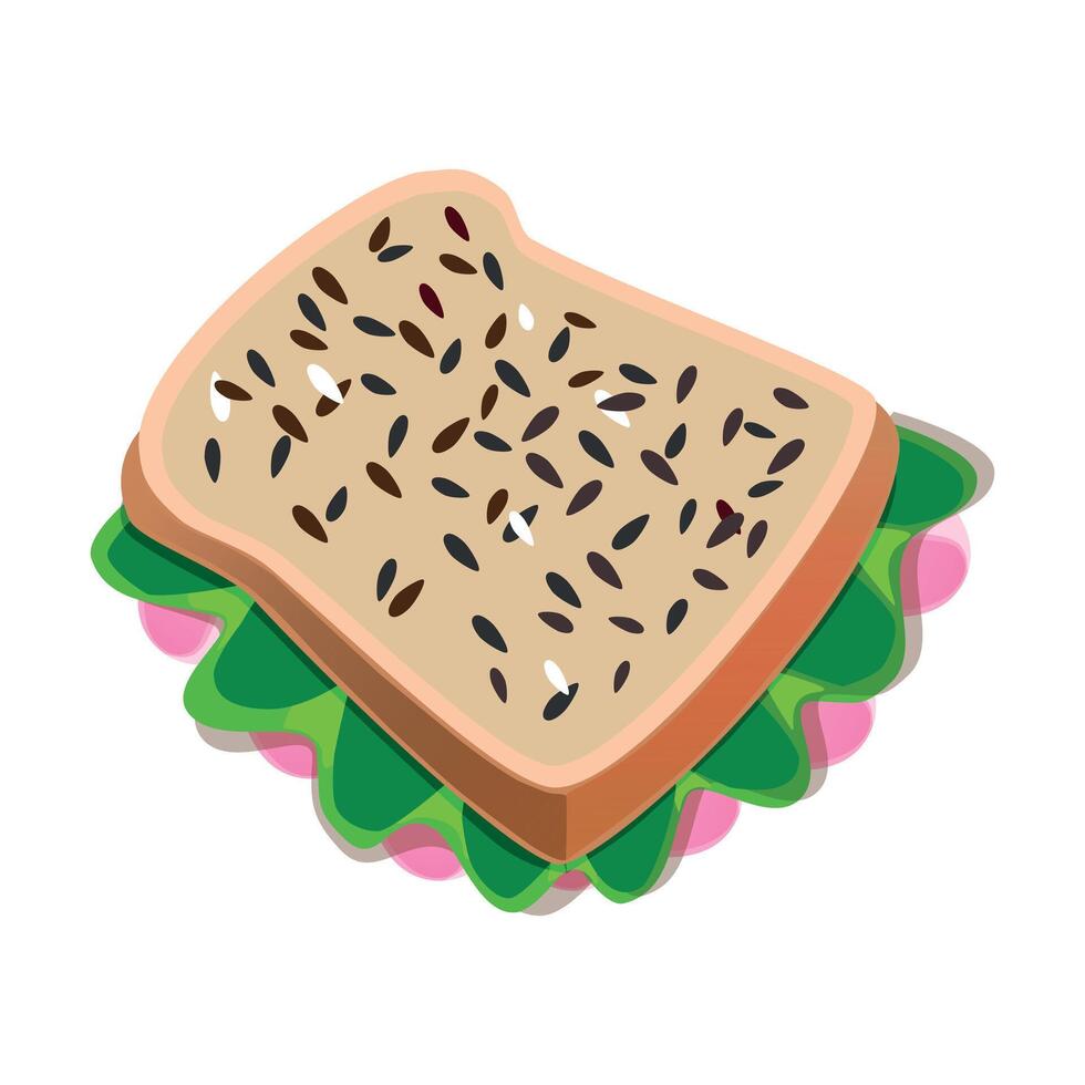 Brown hand drawn illustration of rectangular piece of bread with seeds and pork and salad isolated on white background vector