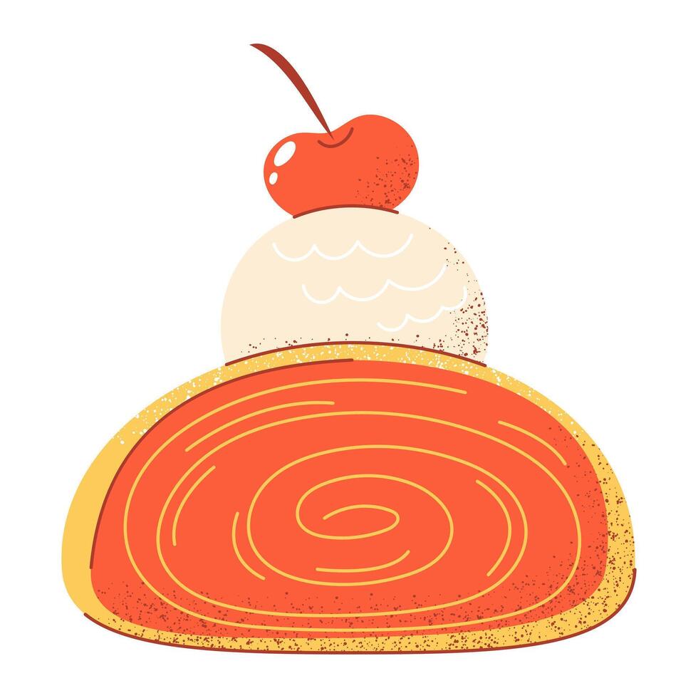 Cherry strudel with scoop of vanilla ice cream and berry, traditional austrian dessert, snack. Flat illustration, hand drawn style with texture. Baked food for sticker, bakery, restaurant menu vector