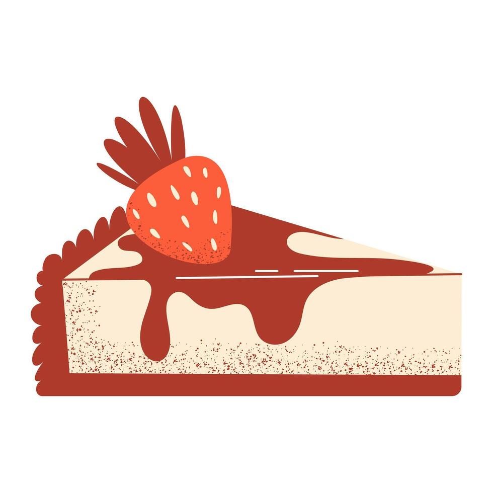 Cheesecake with chocolate and strawberry, classic dessert for snack. Flat illustration, hand drawn style with texture. Baked food for sticker, bakery, restaurant menu, cafe shop vector