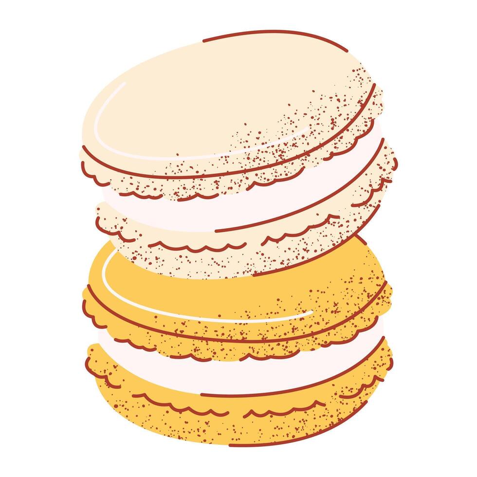 Stack of french vanilla and lemon macarons, sweet dessert. Illustration, flat hand drawn style with texture. Baked food for sticker, bakery, cafe shop, eatery. Isolated background vector