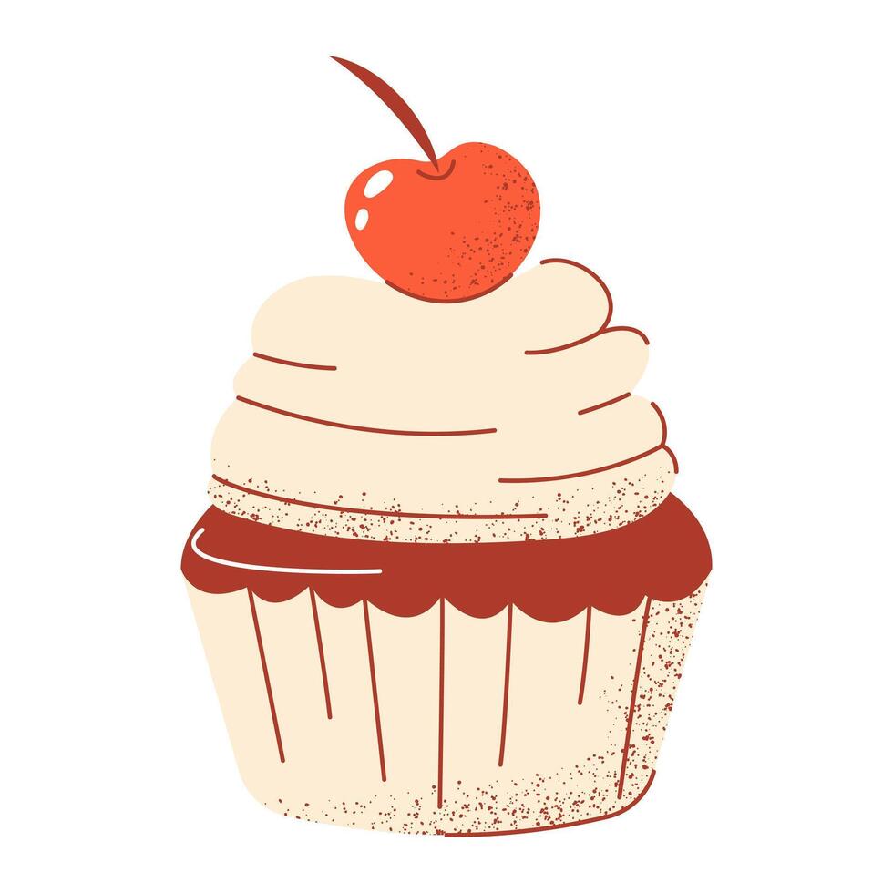 Cupcake with whipped cream and cherry, classic pastry for snack, brunch. Illustration, flat hand drawn style with texture. Baked food for sticker, bakery, cafe shop, eatery. Isolated background vector