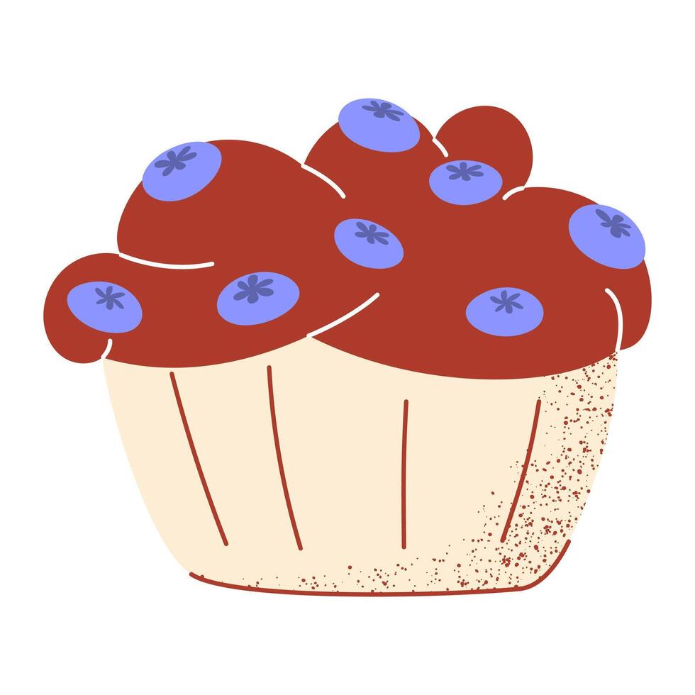 Chocolate muffin with blueberries, classic dessert for snack, breakfast. Illustration, flat hand drawn style with texture. Baked food for sticker, bakery, cafe shop. Isolated background vector