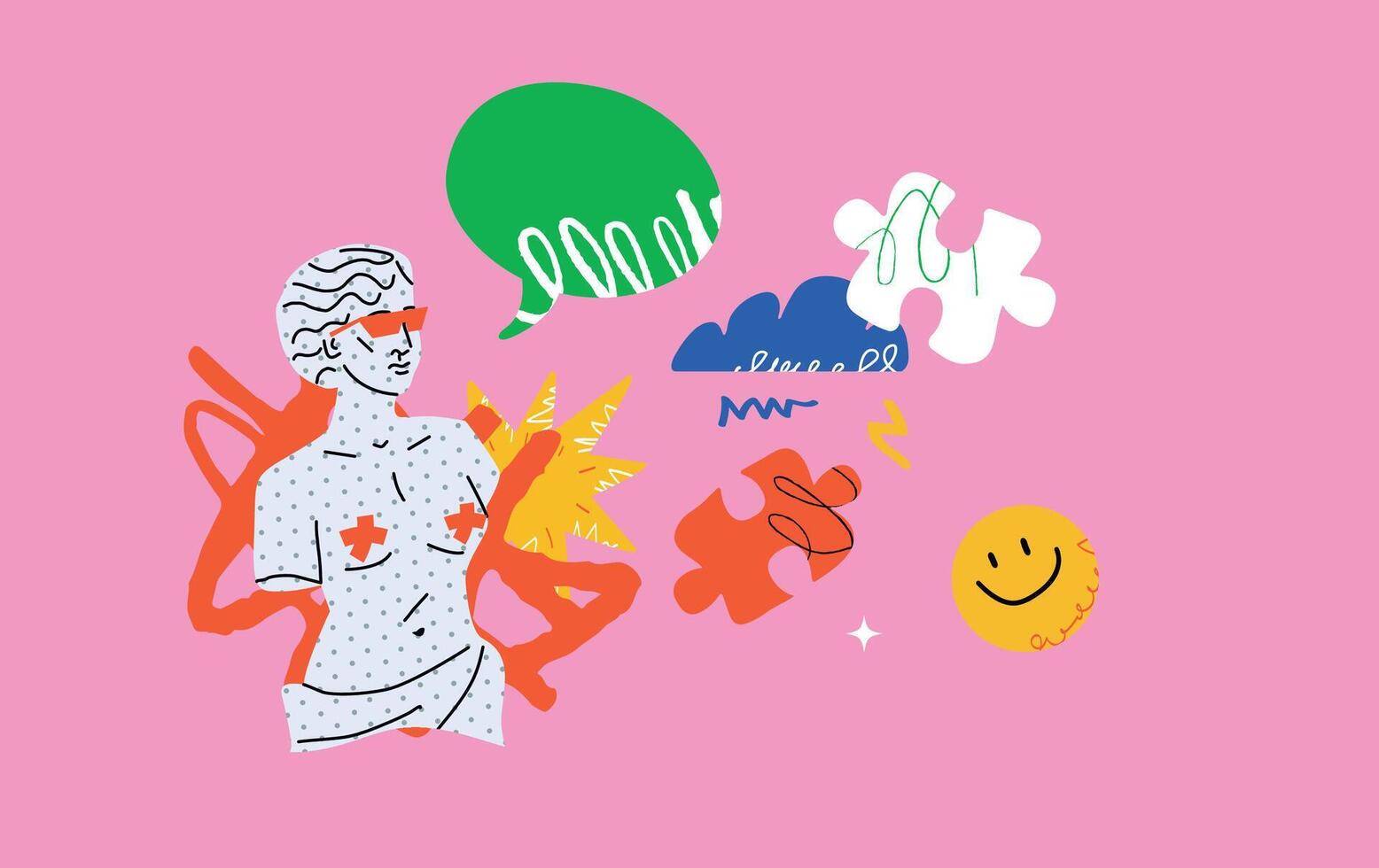 A surreal illustration with a stylized classical statue surrounded by abstract figures, puzzle pieces and a speech bubble. A playful, bold, provocative composition. vector