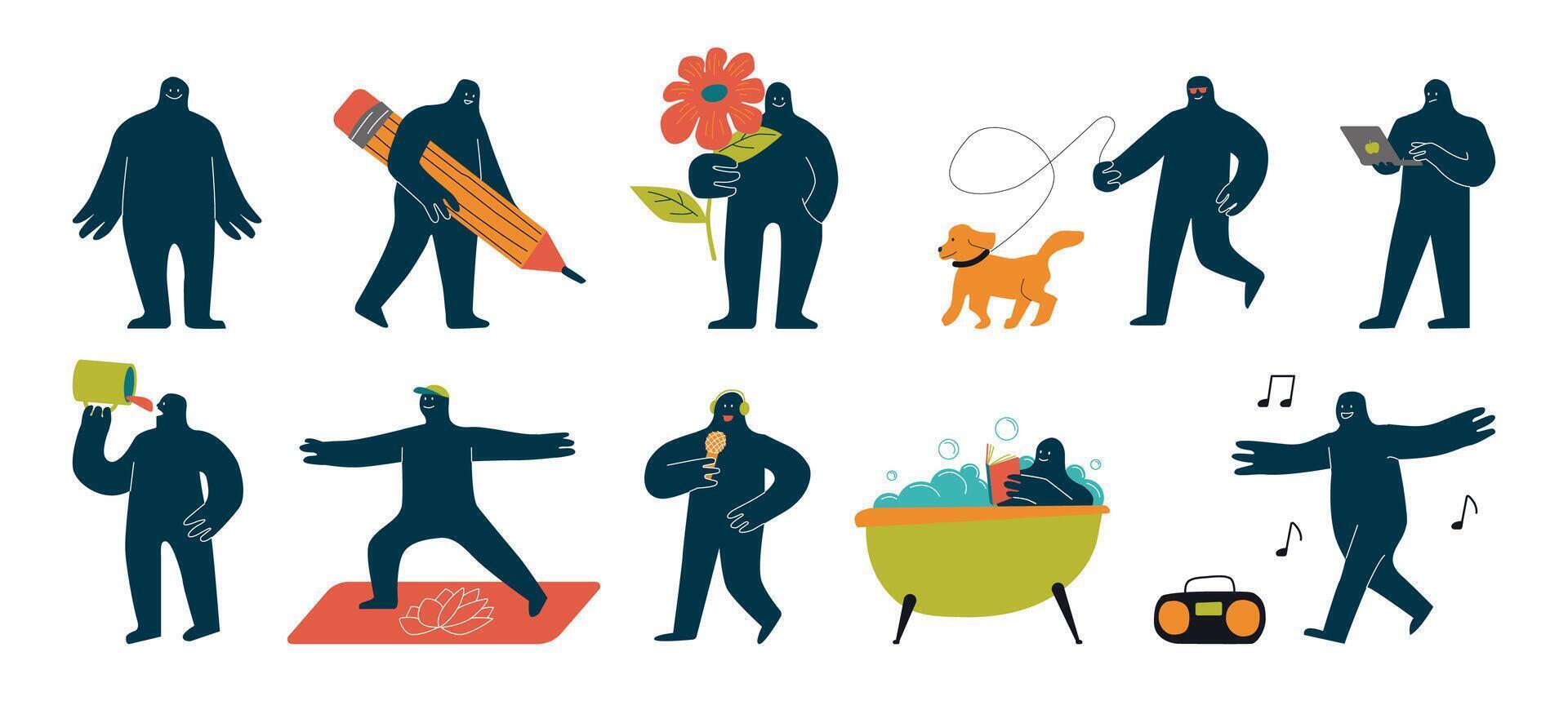 A set of playful rounded characters engaged in various activities. Hand-drawn monsters in various poses and interact with various objects. vector