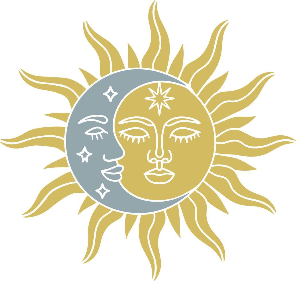 Boho Sun and Moon Celestial Illustration with Faces vector