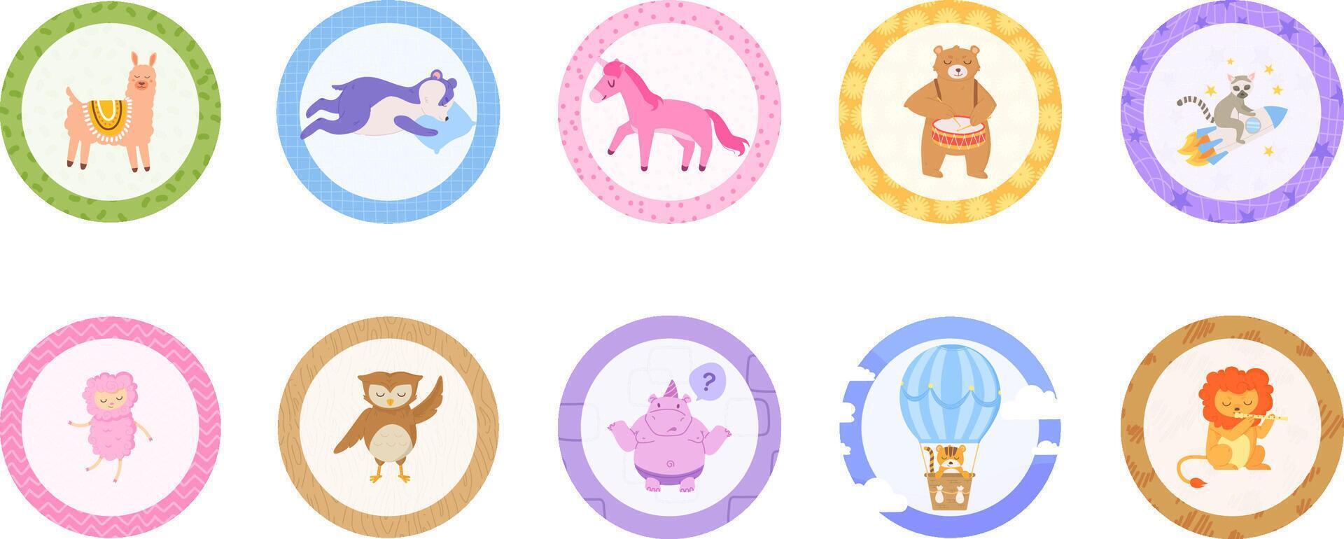 Cute animals highlight covers set, cartoon icons, social media story highlights vector