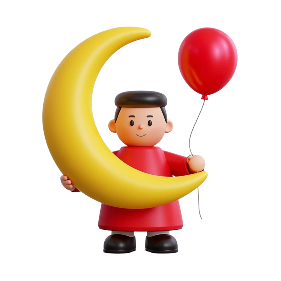 A toy figure of a boy holding a balloon and a crescent png