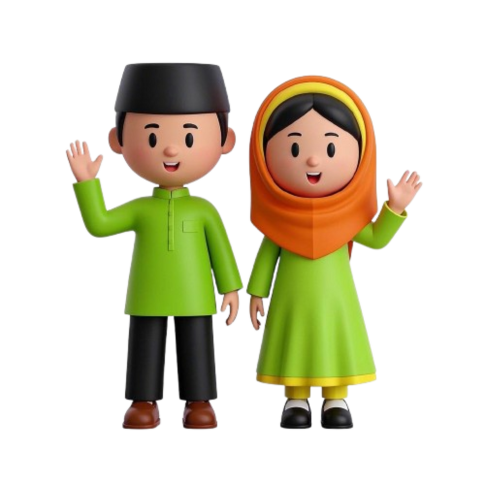 A cartoon couple in islamic clothing waving png