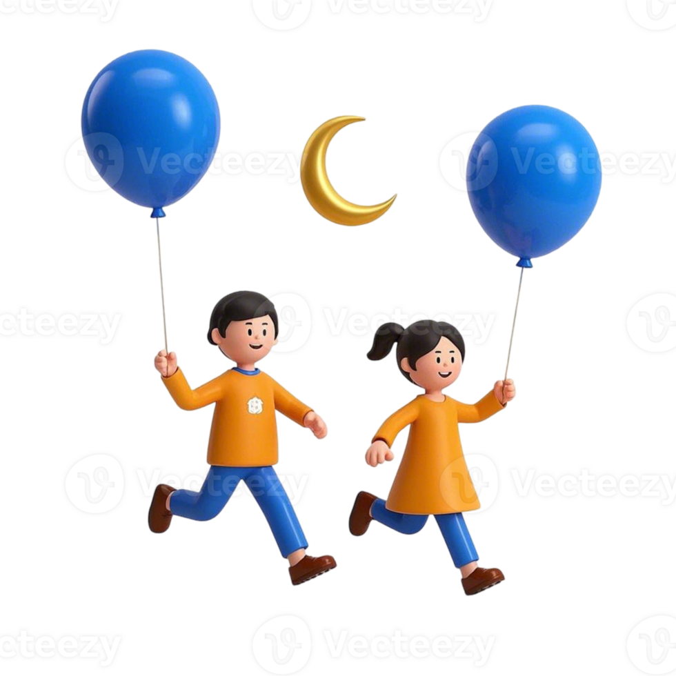 Two children holding balloons and a moon png