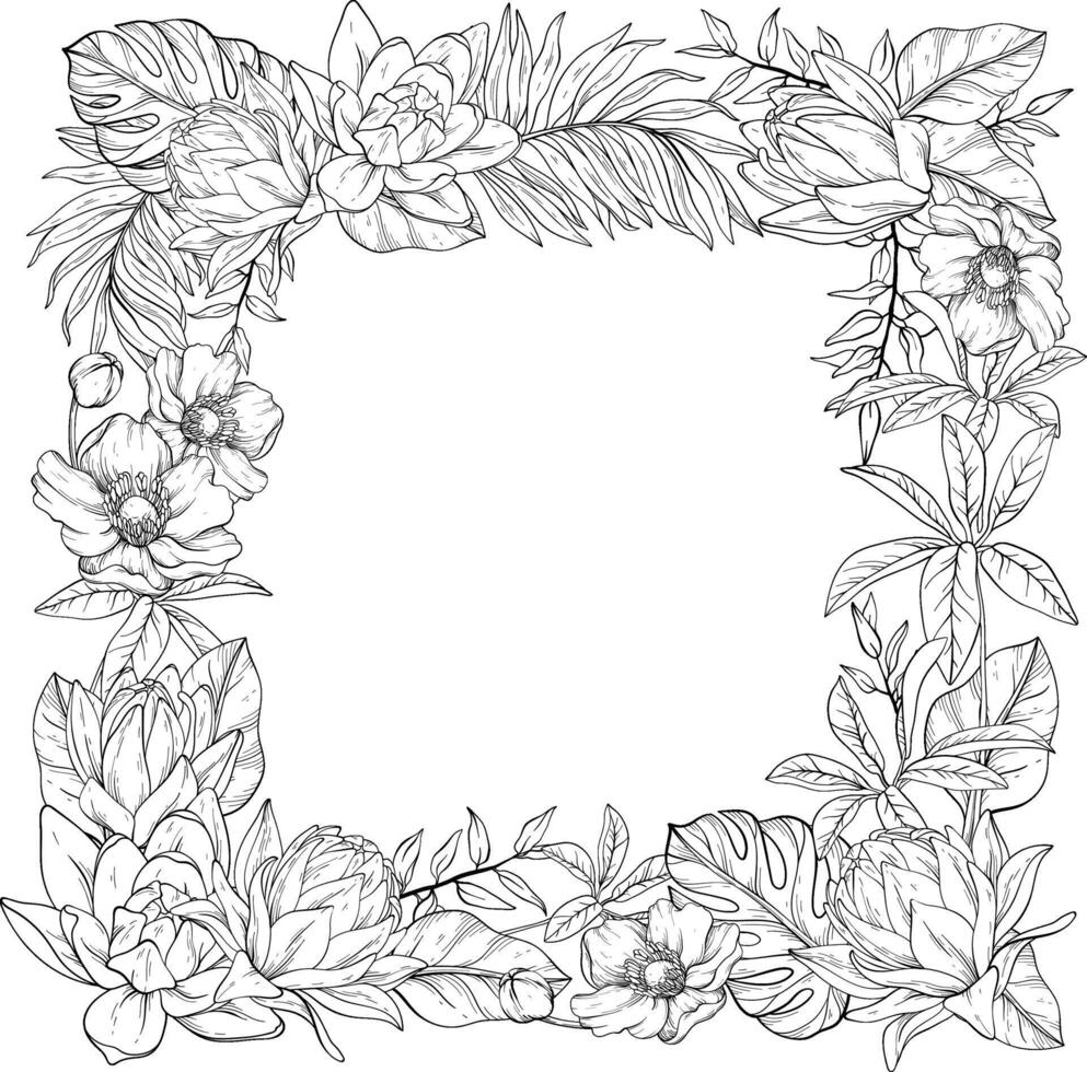 A Line art beautifully detailed floral illustration featuring an elegant square frame adorned with tropical flowers, all intricately intertwined with leaves, against a white background vector