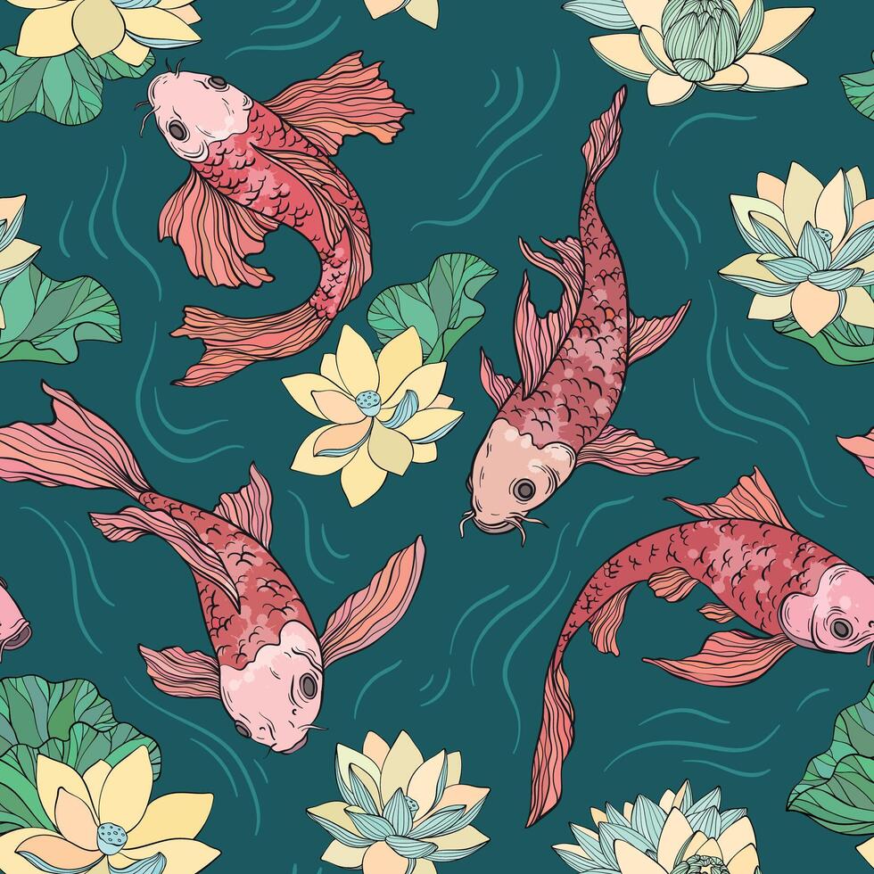 Seamless pattern with Golden Koi carp, Chinese new year. Gold fish for festival design, line art of koi fish vector