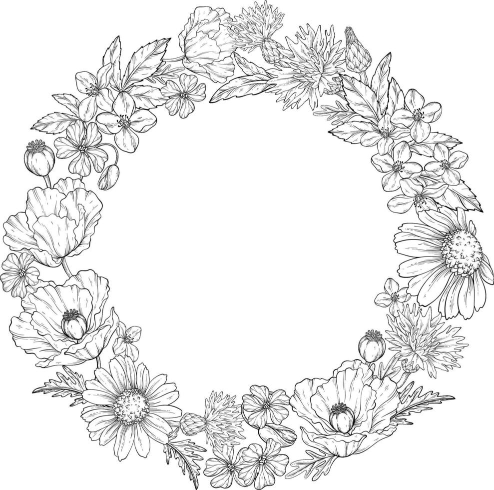 A Line art floral illustration featuring a circular wreath composed of poppies, daisies, cornflowers, buttercups, and wildflowers with lush leaves on white background vector