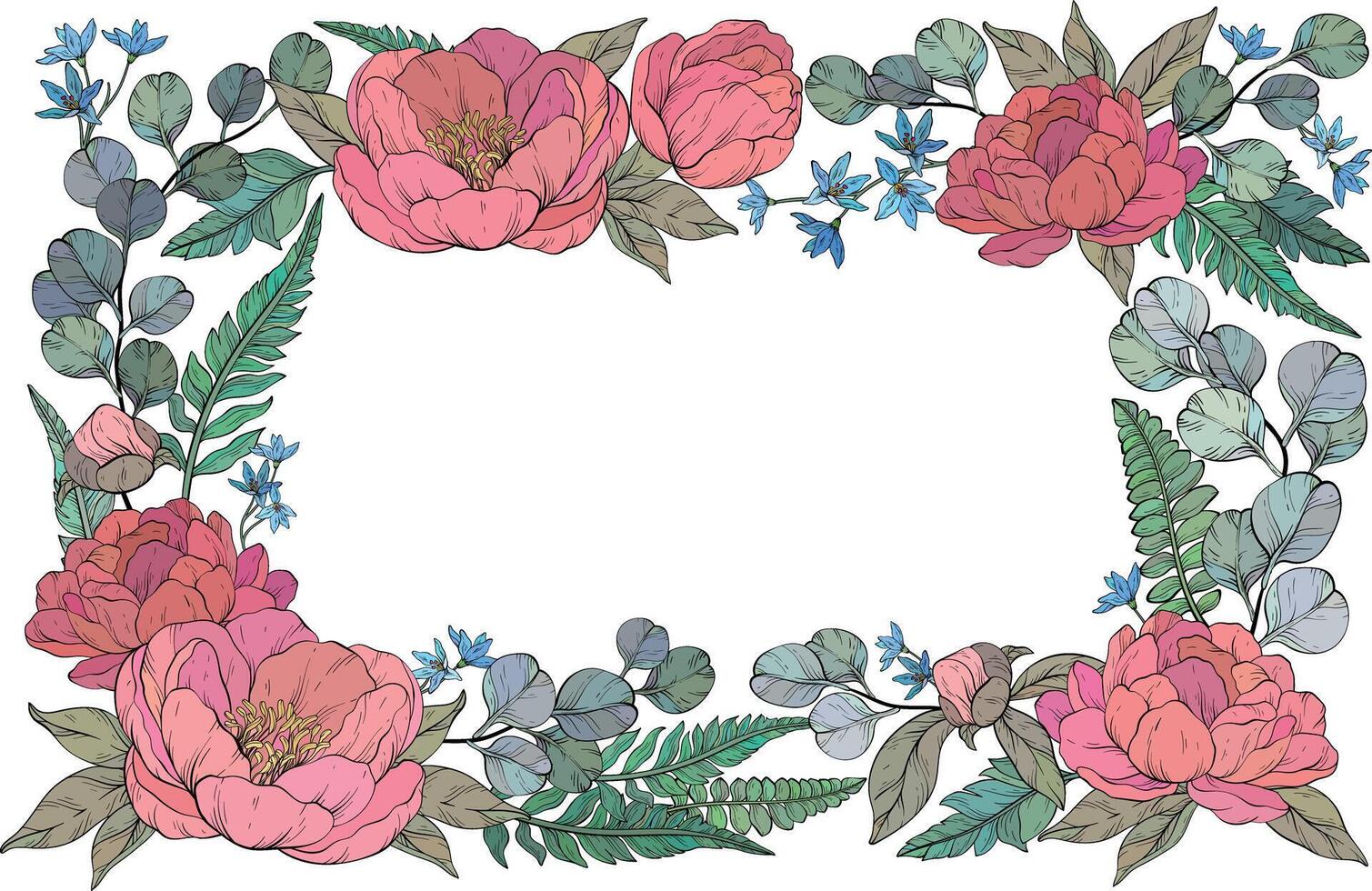 A detailed floral illustration of a square frame adorned with lush delicate peonies, small blue flowers, and eucalyptus leaves, elegantly arranged with fern accents, set on white background vector