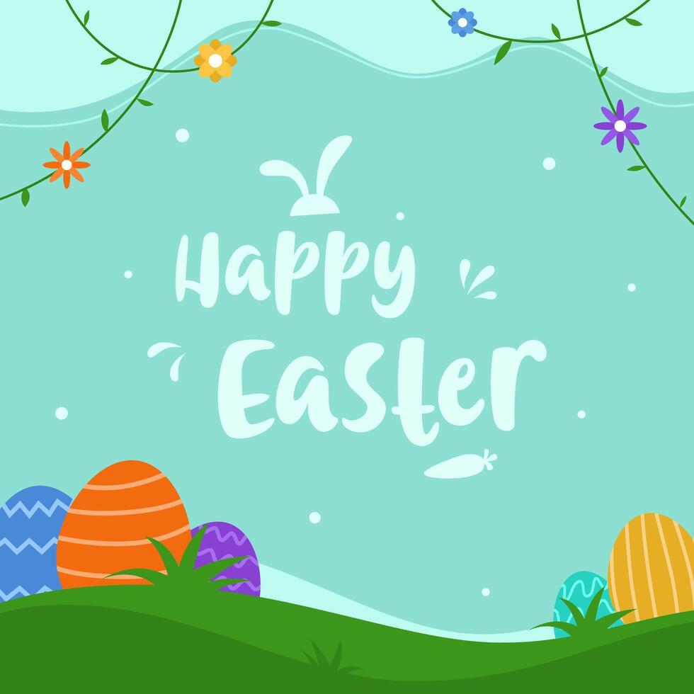 Happy Easter greeting with colorful eggs and flower vector