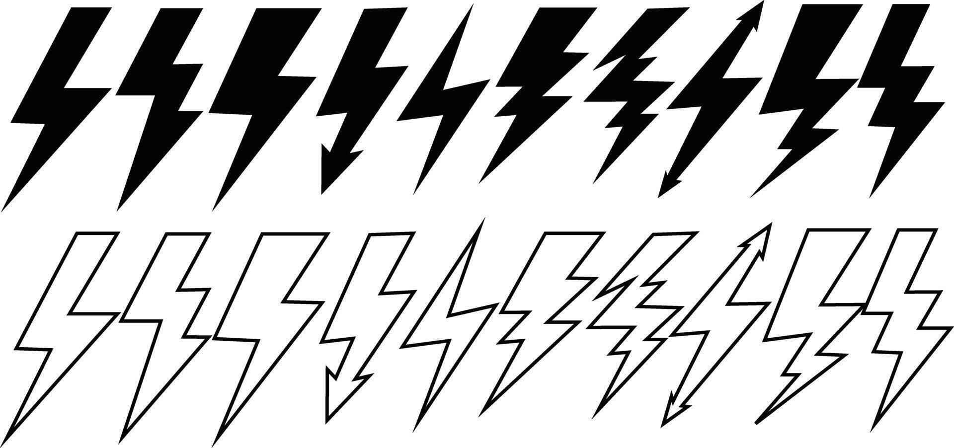 Collection of Lightning Bolt Icons in Black Outline for Energy and Power Symbols vector