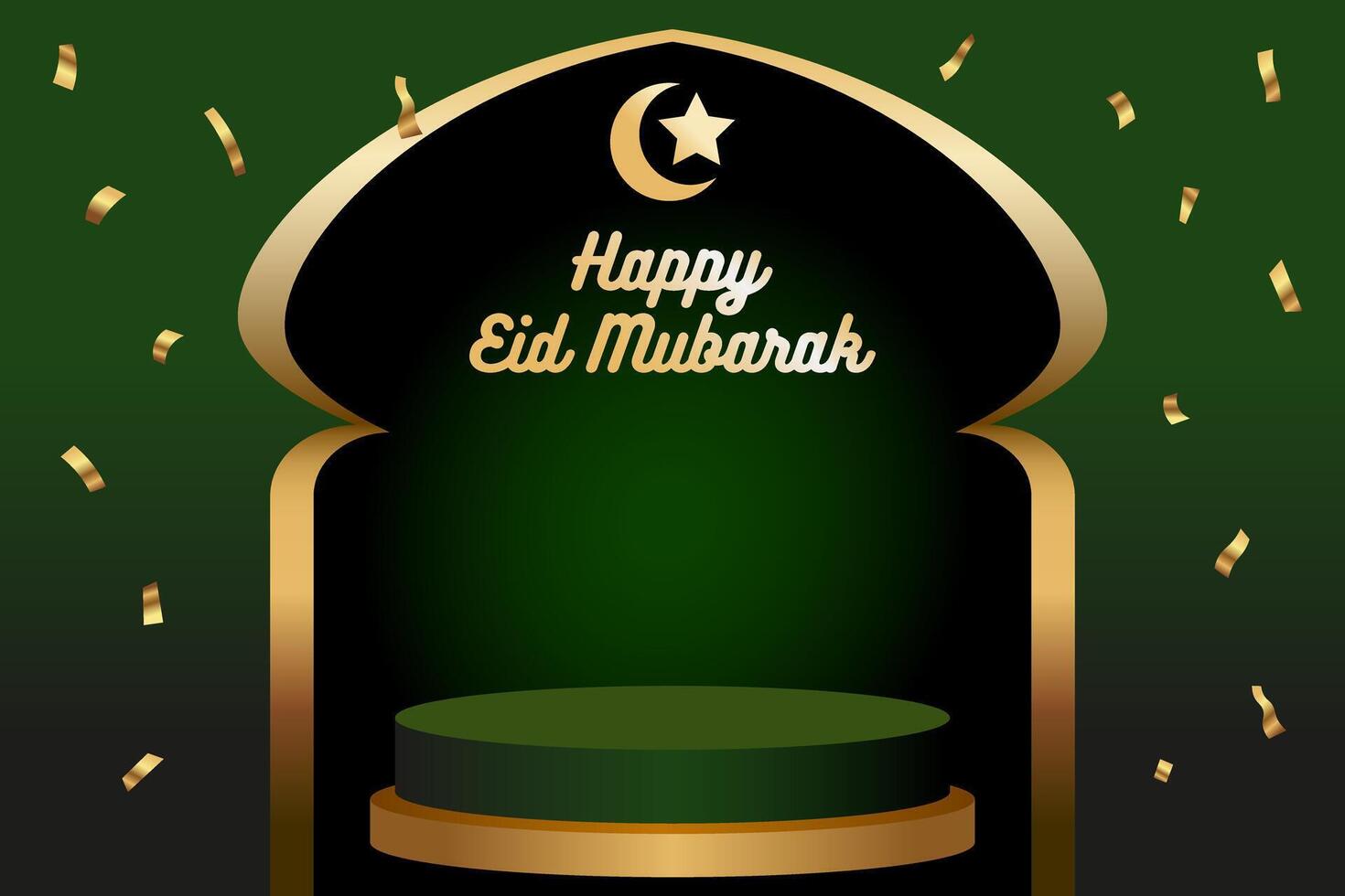 Luxurious Happy Eid Mubarak stage podium with confetti on gradient green background vector