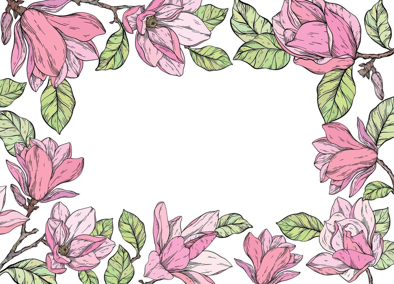 Beautiful square frame with magnolia flowers plants. vector