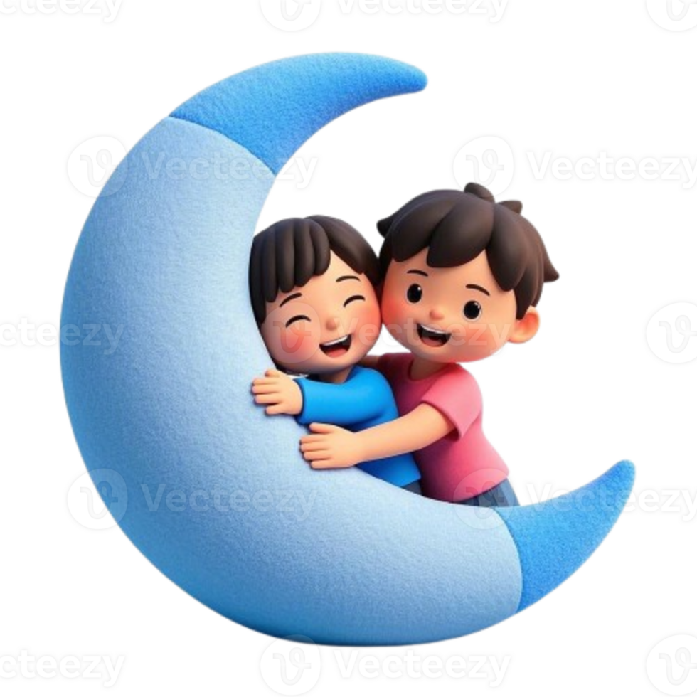 Two children hugging on a blue moon png