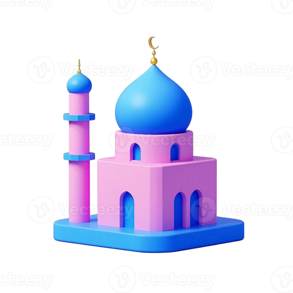 A pink and blue mosque with a crescent moon png