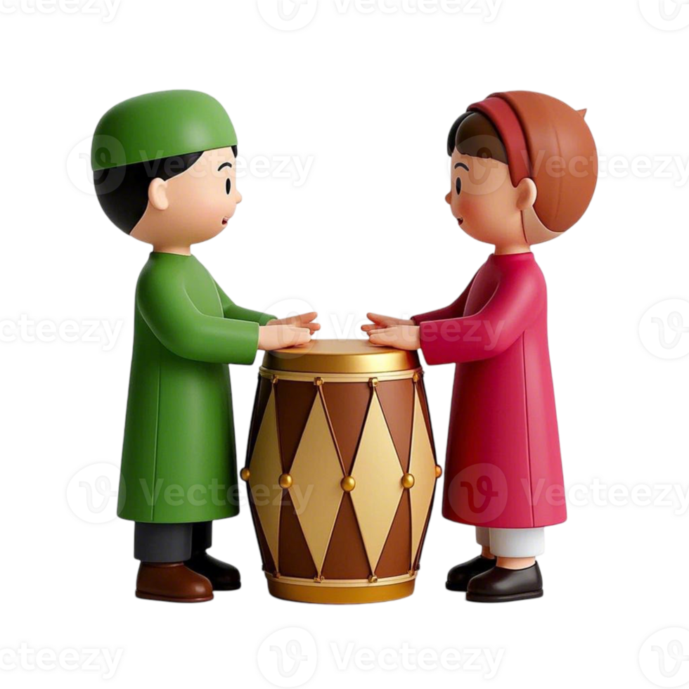 Two figurines of a boy and girl playing with a drum png