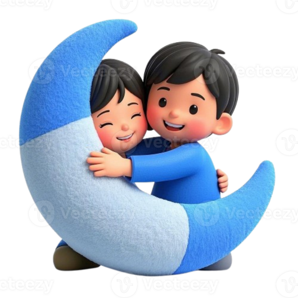 Two children hugging on a blue moon png