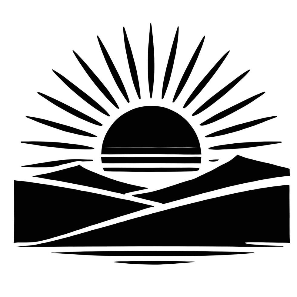 The sun is rising over the mountains in this logo vector