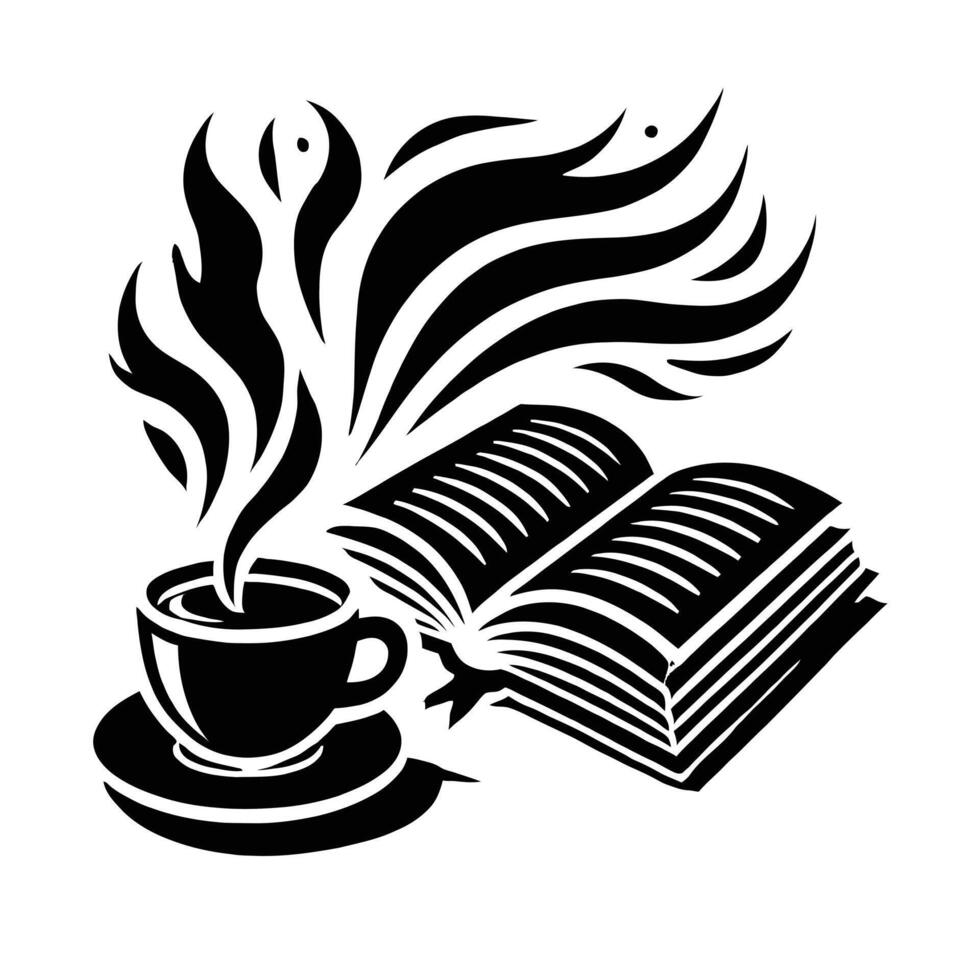 A black and white logo of a cup of coffee and book vector