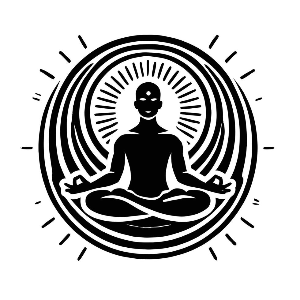 A black and white logo of a man in a lotus position vector