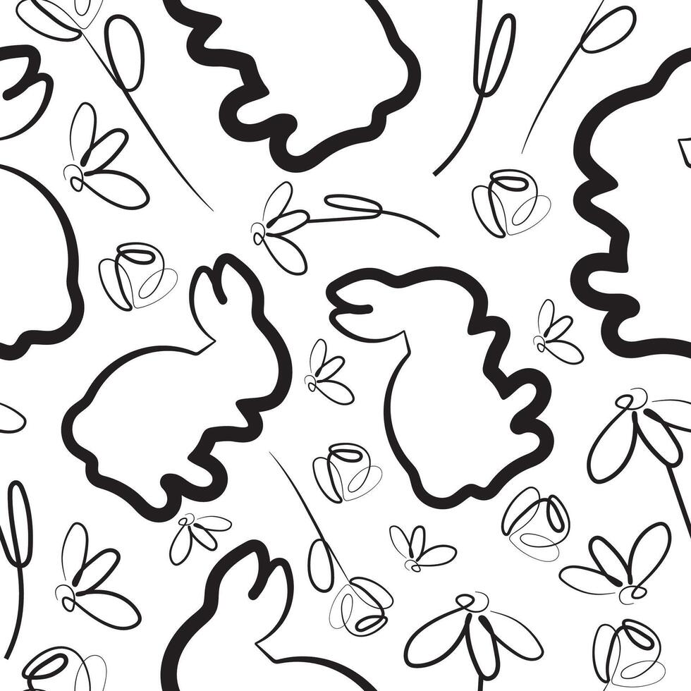 seamless pattern with simple icons of rabbits that wash with buds of various flowers in line art style arranged randomly, for logos or holiday designs vector